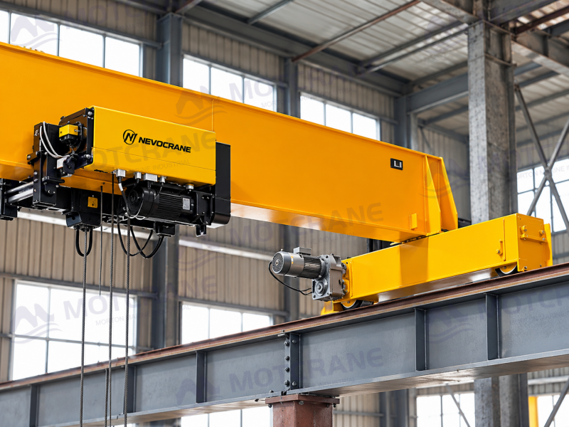 European-style overhead crane travel drive with compact geared motor and integrated brake