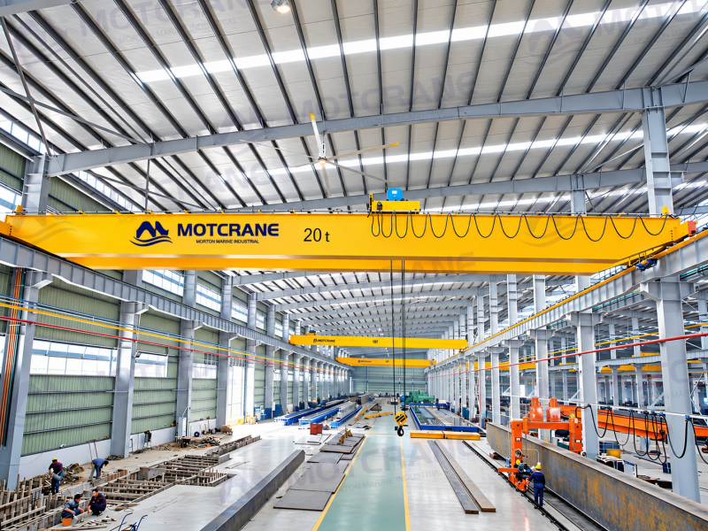 MOTCRANE 20-ton overhead crane dipasang di atas lantai produksi di sebuah bengkel industri