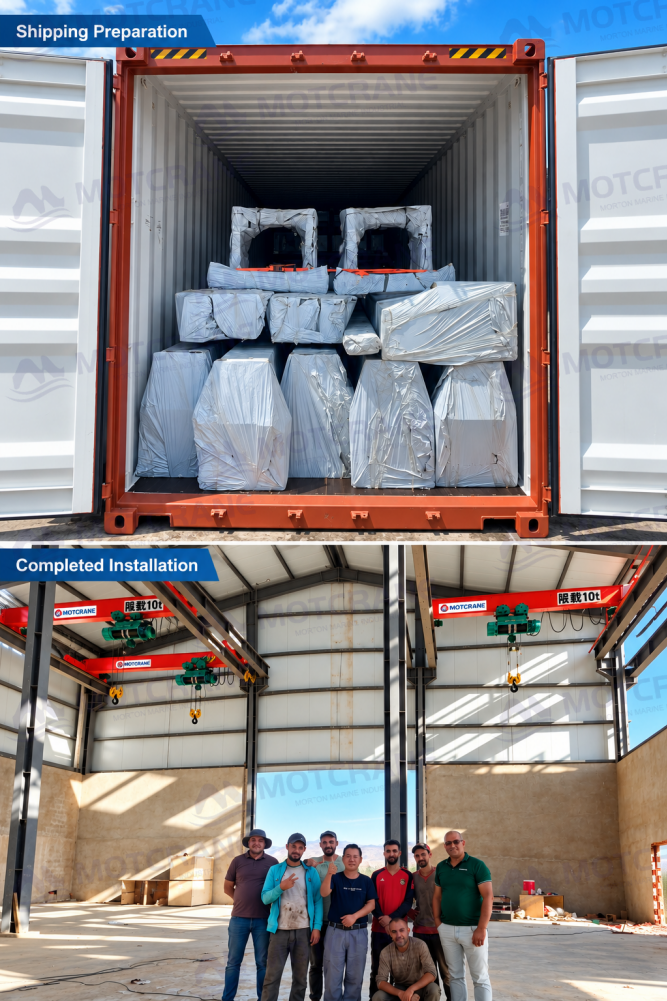 自由設置式ブリッジクレーンの出荷と完成した設置工程の写真
