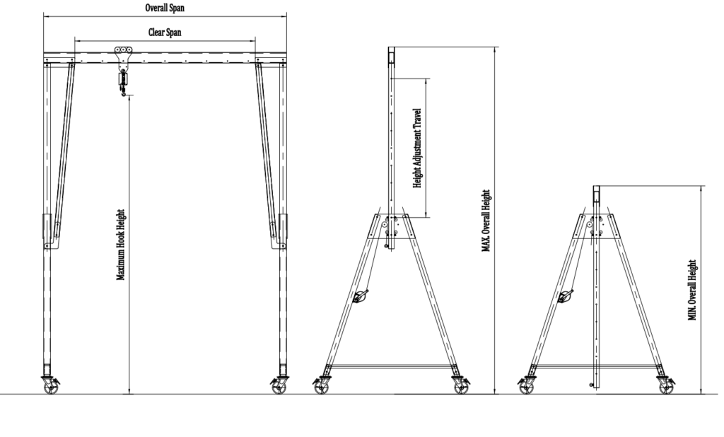 Technical drawing of adjustable height aluminum gantry crane showing overall height, clear span, hook height and height adjustment range