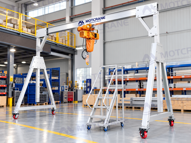 Adjustable height aluminum gantry crane with telescopic support legs and electric chain hoist