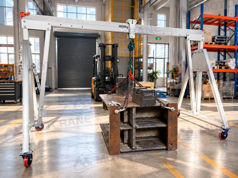Height-adjustable aluminum alloy portable gantry crane with manual hoist