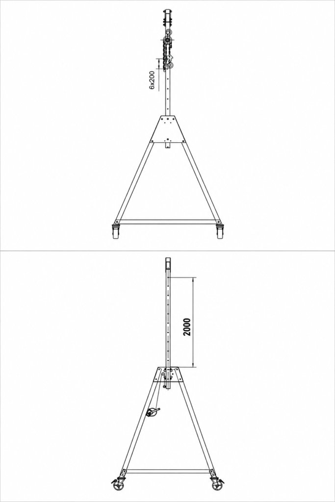 Side-view technical drawings comparing manual lifting and hand winch height adjustment methods for aluminum gantry cranes