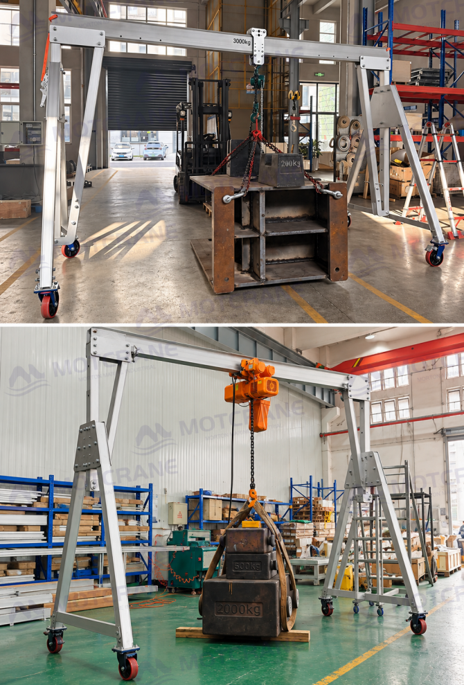 Aluminum gantry cranes fitted with manual chain hoist and electric chain hoist configurations