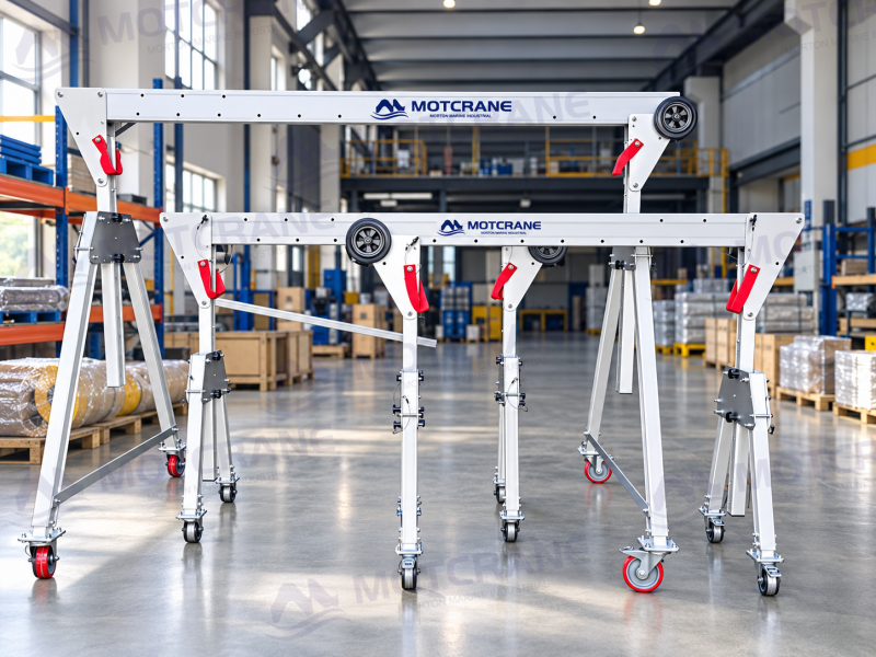 Foldable aluminum gantry crane with compact folding frame and caster wheels