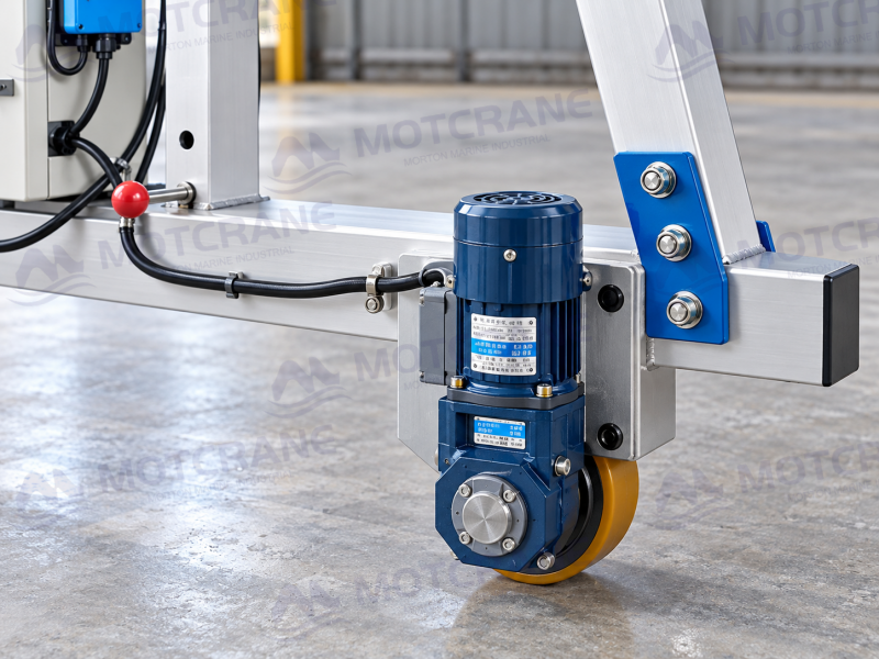 Motorized travel drive and wheel assembly on an aluminum gantry crane