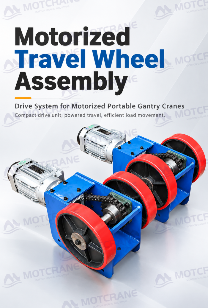 Motorized portable gantry crane drive wheel assembly with electric gearmotor