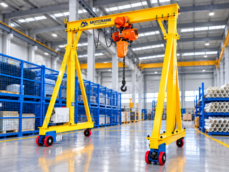 Motorized steel portable gantry crane with electric hoist and powered wheels