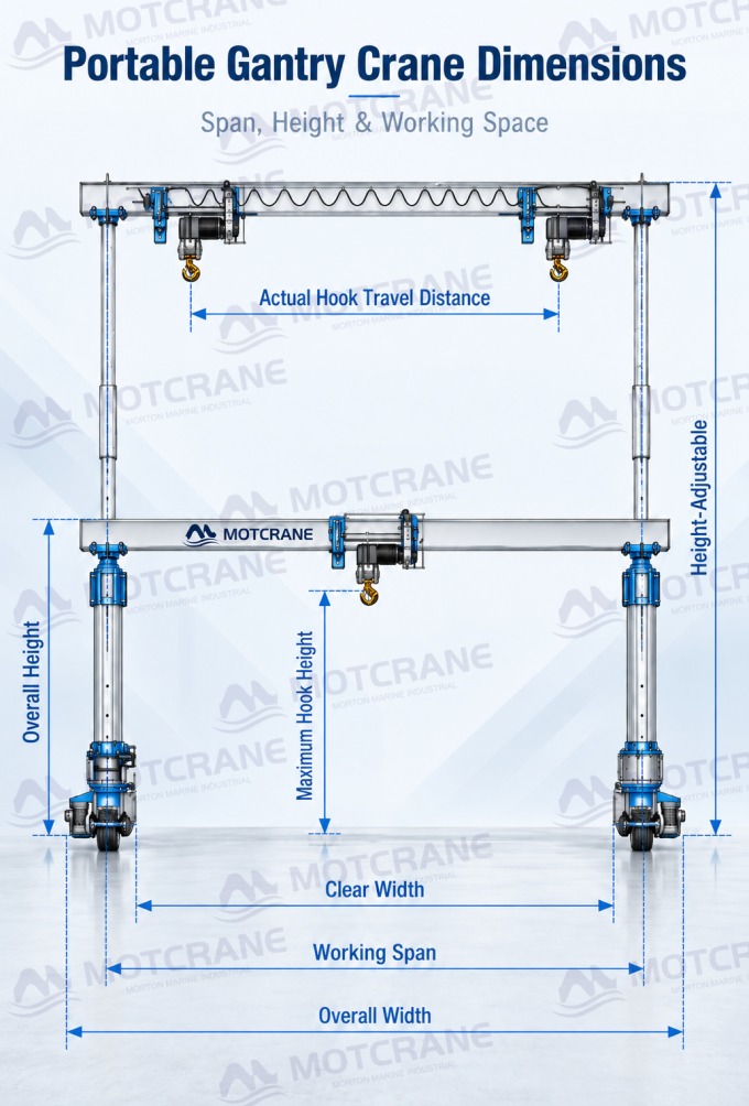 Height-adjustable portable gantry crane dimension diagram showing overall height, maximum hook height, working span, clear width and overall width.