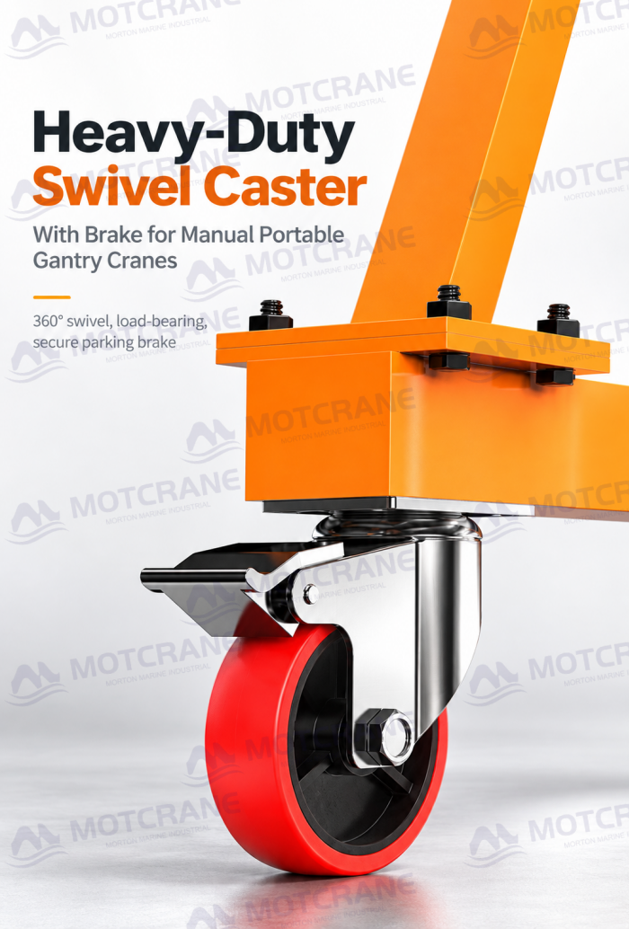 Heavy-duty swivel casters with parking brakes on a manual portable gantry crane