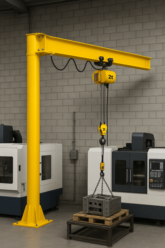 2-ton free-standing jib crane with electric chain hoist for CNC cell
