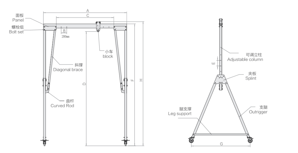 Adjustable-height aluminum gantry crane with pin-locked columns