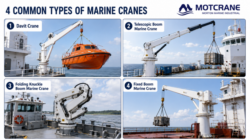 Marine crane types including davit, telescopic boom, folding knuckle boom and fixed boom cranes