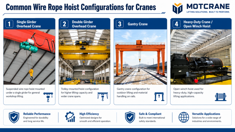 Common wire rope hoist configurations for overhead cranes and gantry cranes