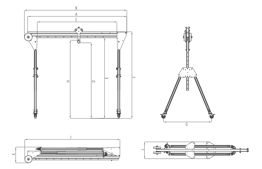 Foldable aluminum gantry crane for transport and quick assembly
