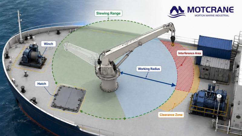 Marine crane deck layout showing working radius, slewing range and equipment clearance