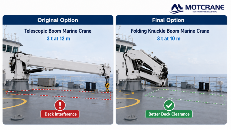 Telescopic boom vs folding knuckle boom marine crane for limited deck space