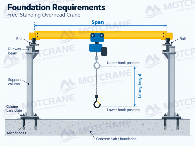 Free standing overhead crane foundation with independent support columns