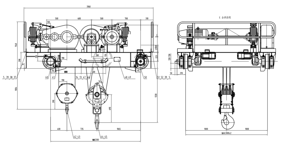 Technical drawing of a 10/5 ton open winch trolley showing the 750 mm center-to-center distance between main and auxiliary hooks