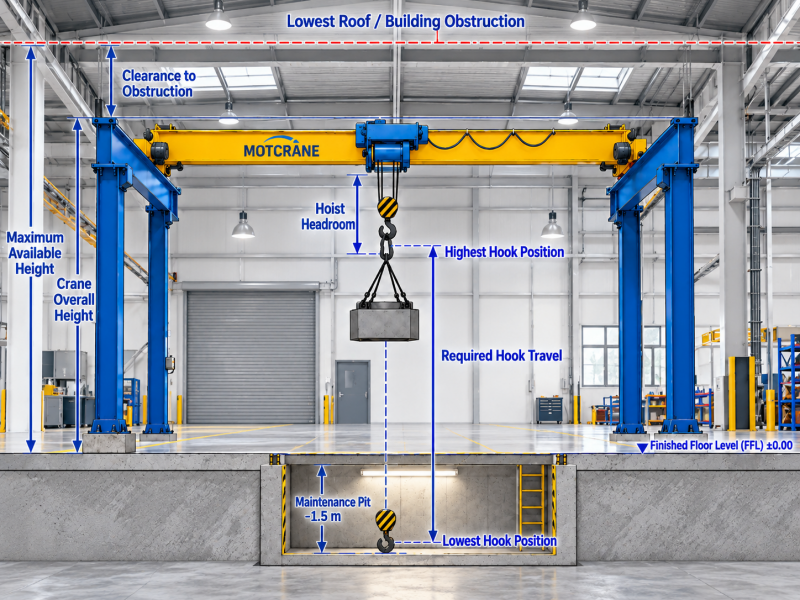 Freestanding overhead crane lifting height diagram showing hook height and headroom